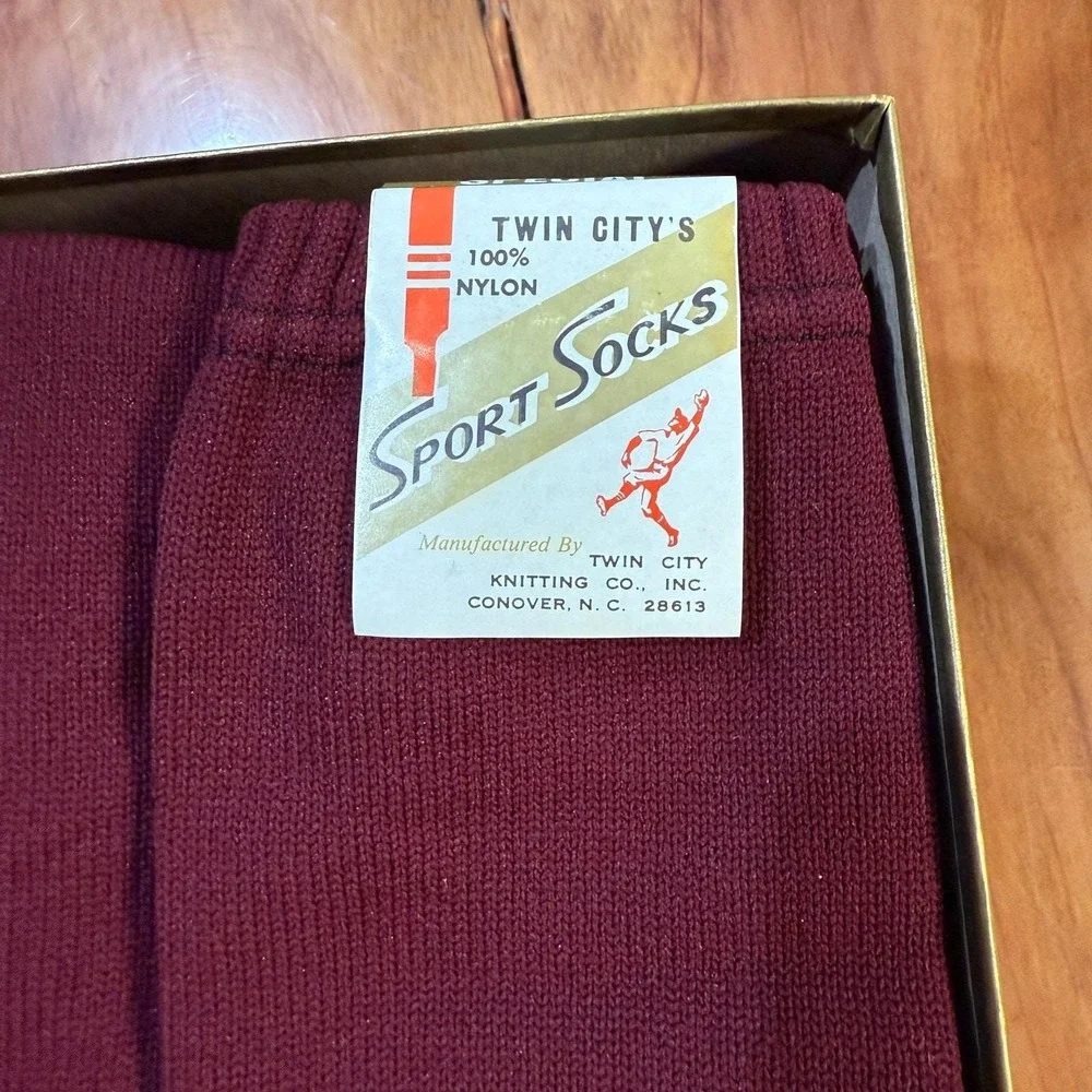 NOS Vintage 70s Twin City Sport Socks Baseball Nylon 12 pairs Maroon movie Prop